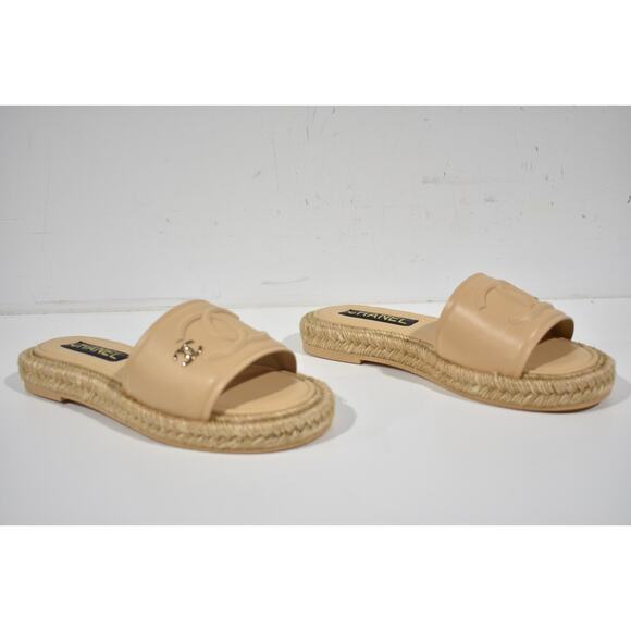 Chanel 23C Beige Lambskin Leather CC Logo Slide Sandal Slip Espadrille Flat 37 - Picture 4 of 12